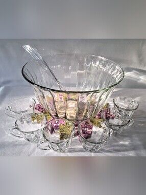 Glass Fluted, Optic Swirl Punch Bowl w/ Ladle & 6 Matching Cups